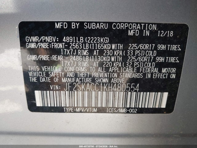 2019 Subaru Forester მანქანა იყიდება აუქციონზე, vin: JF2SKACC1KH480554, აუქციონის ნომერი: 45720795