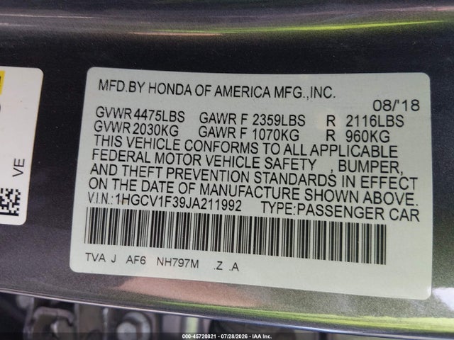 Aukcja sprzedaży 2018 Honda Accord Sport, vin: 1HGCV1F39JA211992, numer aukcji: 45720821