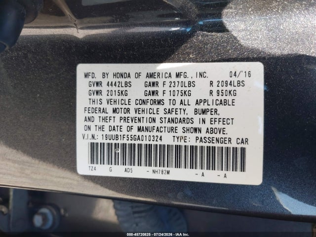 45720825 :رقم المزاد ، 19UUB1F55GA010324 vin ، 2016 Acura Tlx Tech مزاد بيع