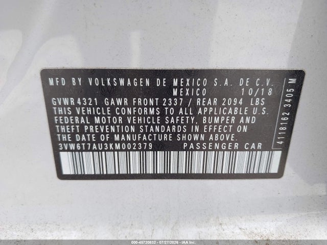 45720832 :رقم المزاد ، 3VW6T7AU3KM002379 vin ، 2019 Volkswagen Golf Gti 2.0t Autobahn/2.0t Rabbit Edition/2.0t S/2.0t Se مزاد بيع