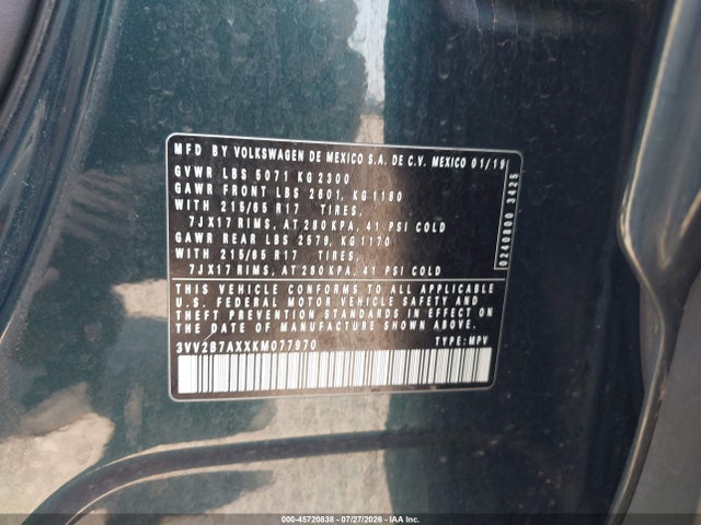 45720838 :رقم المزاد ، 3VV2B7AXXKM077970 vin ، 2019 Volkswagen Tiguan 2.0t Se/2.0t Sel/2.0t Sel R-line/2.0t Sel R-line Black مزاد بيع