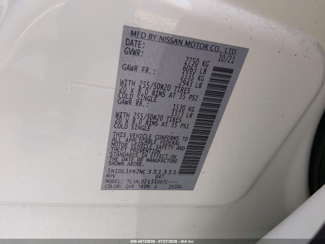 45720839 :رقم المزاد ، 5N1DL1FR2NC331331 vin ، 2022 Infiniti Qx60 Luxe مزاد بيع