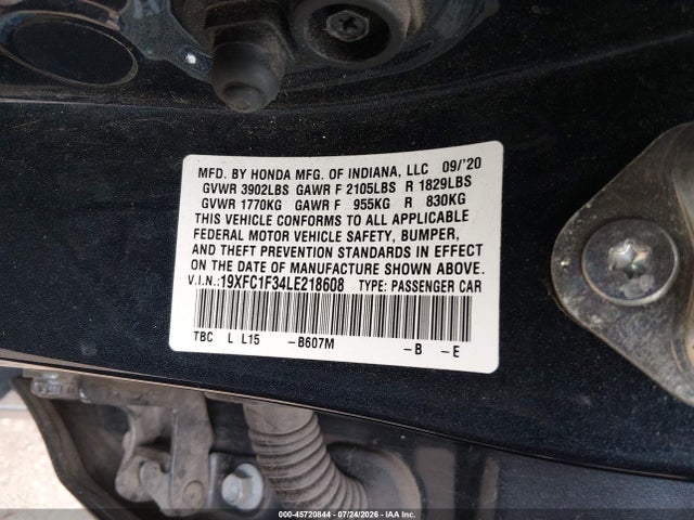 Продаж на аукціоні авто 2020 Honda Civic Ex, vin: 19XFC1F34LE218608, номер лоту: 45720844
