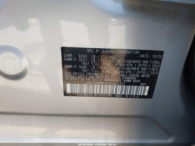 2023 Subaru Ascent Base 8-passenger მანქანა იყიდება აუქციონზე, vin: 4S4WMAAD2P3402502, აუქციონის ნომერი: 45720850
