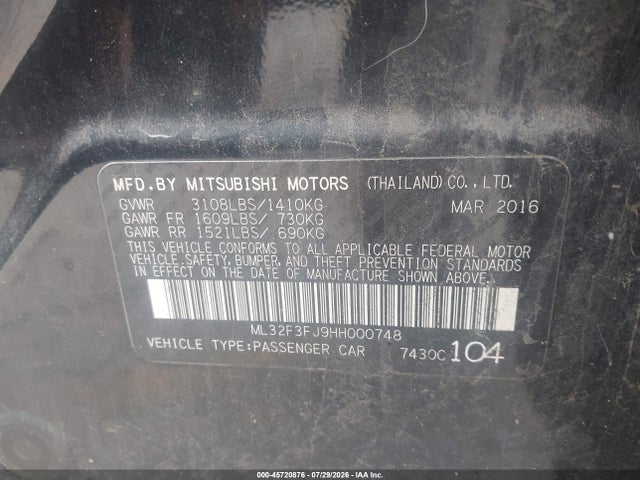 45720876 :رقم المزاد ، ML32F3FJ9HH000748 vin ، 2017 Mitsubishi Mirage G4 Es مزاد بيع