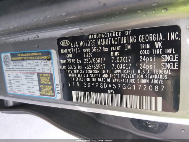 2016 Kia Sorento 3.3l Lx მანქანა იყიდება აუქციონზე, vin: 5XYPGDA57GG172087, აუქციონის ნომერი: 45720911