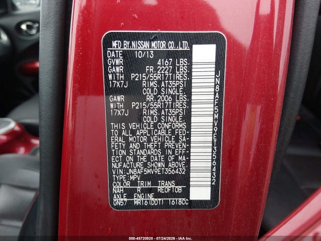 Продаж на аукціоні авто 2014 Nissan Juke Sl, vin: JN8AF5MV9ET356432, номер лоту: 45720920