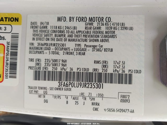Продажа на аукционе авто 2018 Ford Fusion Hybrid Se, vin: 3FA6P0LU9JR235301, номер лота: 45720937