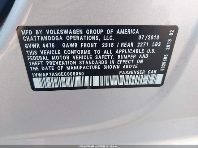 45720948 :رقم المزاد ، 1VWAP7A30EC009950 vin ، 2014 Volkswagen Passat 2.5l S مزاد بيع