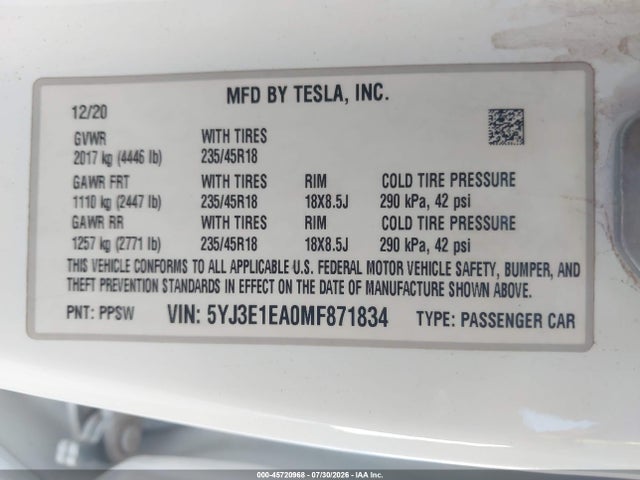 Tesla Model 3 Standard Range Plus Rear-wheel Drive 2021 5YJ3E1EA0MF871834 Image 9