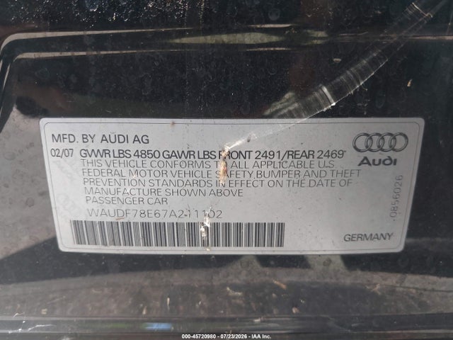 45720980 :رقم المزاد ، WAUDF78E67A211102 vin ، 2007 Audi A4 2.0t مزاد بيع