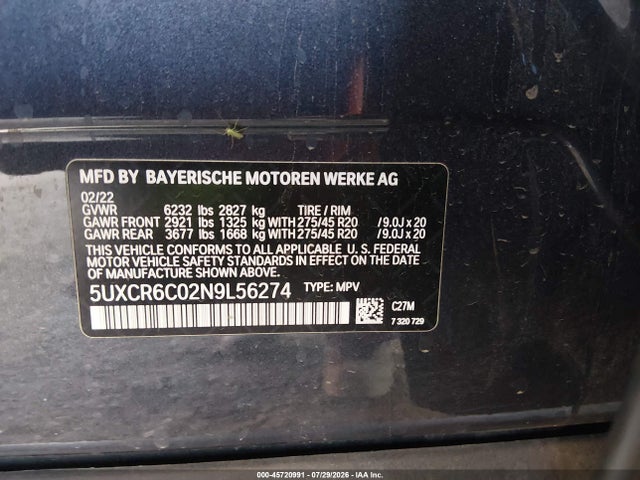 2022 Bmw X5 Xdrive40i მანქანა იყიდება აუქციონზე, vin: 5UXCR6C02N9L56274, აუქციონის ნომერი: 45720991