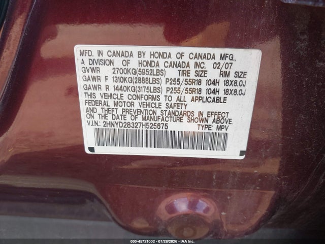 45721002 :رقم المزاد ، 2HNYD28327H525675 vin ، 2007 Acura Mdx Technology Package مزاد بيع