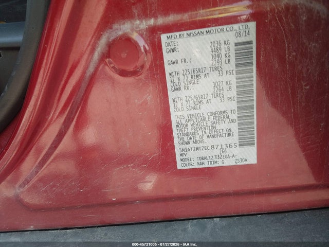 2014 Nissan Rogue Sv მანქანა იყიდება აუქციონზე, vin: 5N1AT2MT2EC871365, აუქციონის ნომერი: 45721005