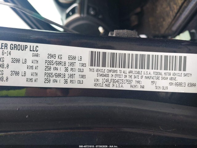 45721015 :رقم المزاد ، 1C4RJFBG4EC517597 vin ، 2014 Jeep Grand Cherokee Limited مزاد بيع
