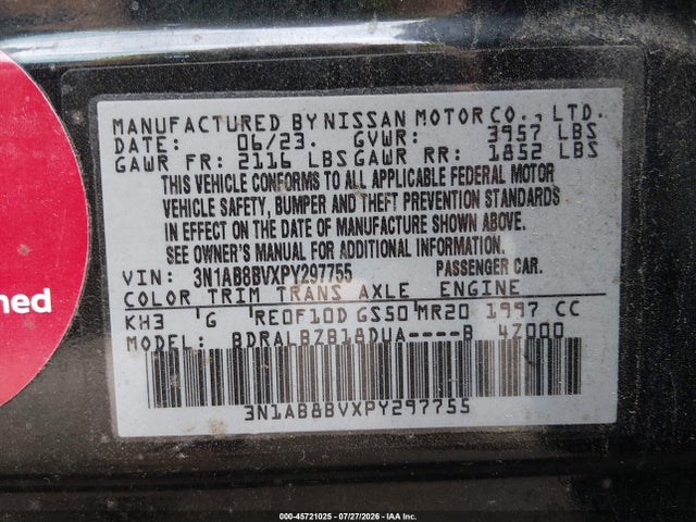 Продаж на аукціоні авто 2023 Nissan Sentra S Xtronic Cvt, vin: 3N1AB8BVXPY297755, номер лоту: 45721025