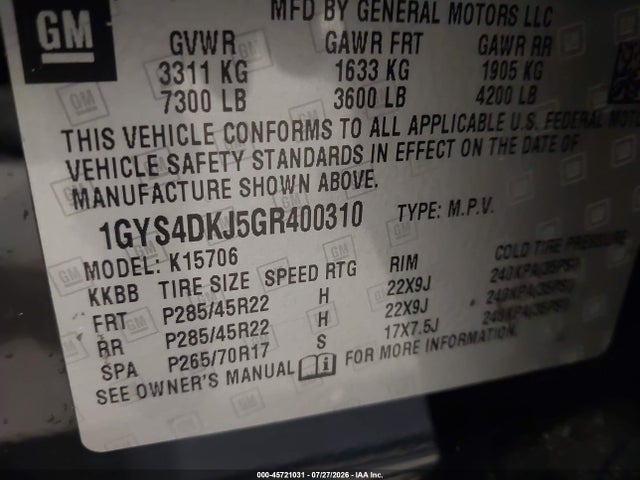45721031 :رقم المزاد ، 1GYS4DKJ5GR400310 vin ، 2016 Cadillac Escalade Platinum مزاد بيع