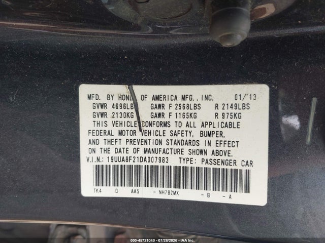45721040 :رقم المزاد ، 19UUA8F21DA007983 vin ، 2013 Acura Tl 3.5 مزاد بيع