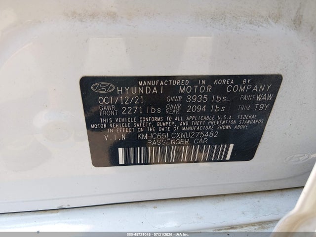 45721046 :رقم المزاد ، KMHC65LCXNU275482 vin ، 2022 Hyundai Ioniq Hybrid Blue مزاد بيع