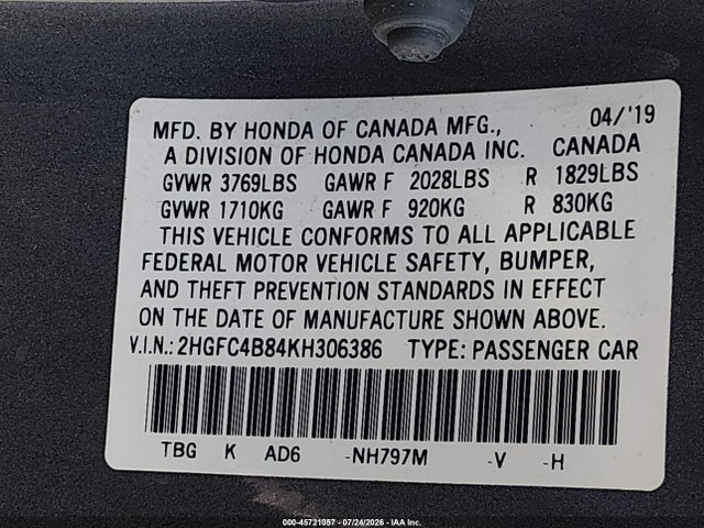 Продажа на аукционе авто 2019 Honda Civic Sport, vin: 2HGFC4B84KH306386, номер лота: 45721057