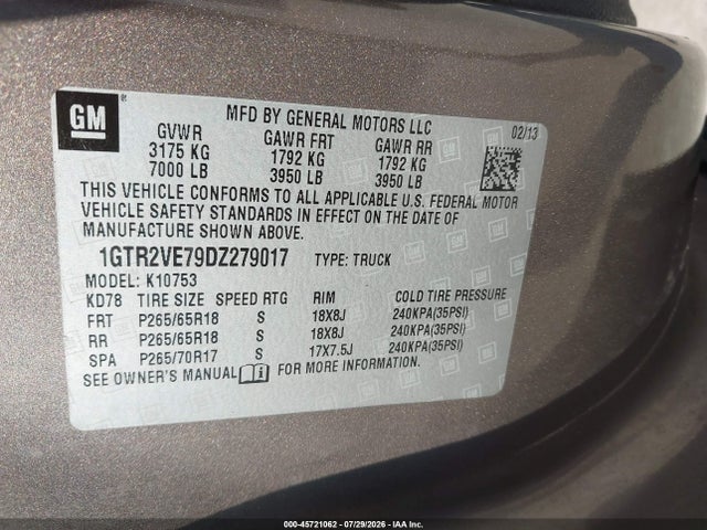 45721062 :رقم المزاد ، 1GTR2VE79DZ279017 vin ، 2013 Gmc Sierra 1500 Sle مزاد بيع