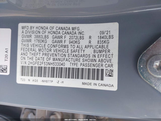 45721093 :رقم المزاد ، 2HGFE2F53NH533040 vin ، 2022 Honda Civic Sport مزاد بيع