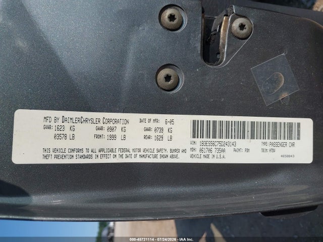 45721114 :رقم المزاد ، 1B3ES56C75D243143 vin ، 2005 Dodge Neon Sxt مزاد بيع