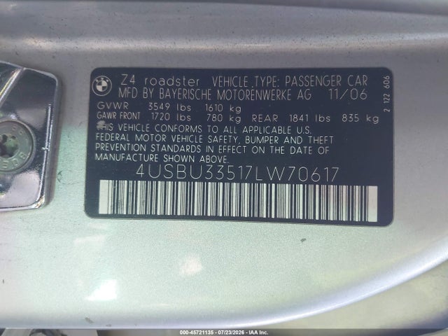 Aukcja sprzedaży 2007 Bmw Z4 3.0i, vin: 4USBU33517LW70617, numer aukcji: 45721135