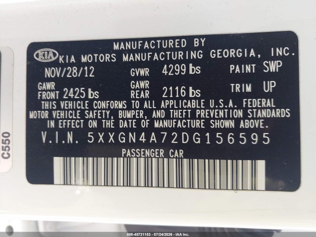 Продажа на аукционе авто 2013 Kia Optima Ex, vin: 5XXGN4A72DG156595, номер лота: 45721153