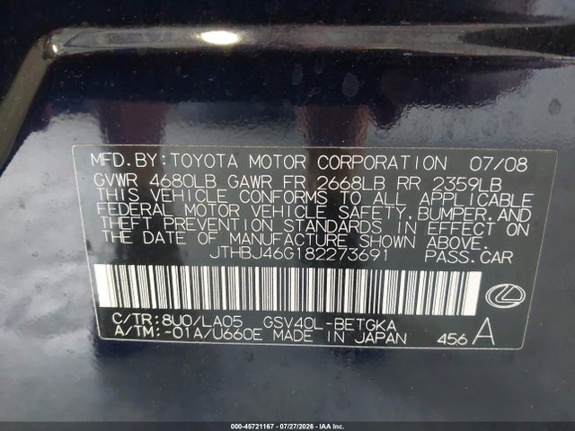Aukcja sprzedaży 2008 Lexus Es 350, vin: JTHBJ46G182273691, numer aukcji: 45721167