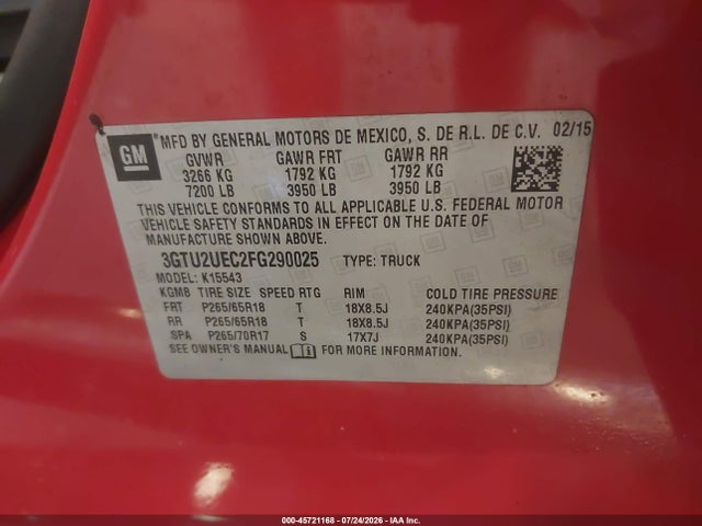 45721168 :رقم المزاد ، 3GTU2UEC2FG290025 vin ، 2015 Gmc Sierra 1500 Sle مزاد بيع