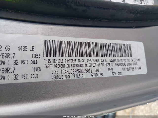2016 Jeep Compass Sport მანქანა იყიდება აუქციონზე, vin: 1C4NJCBA0GD665011, აუქციონის ნომერი: 45721170