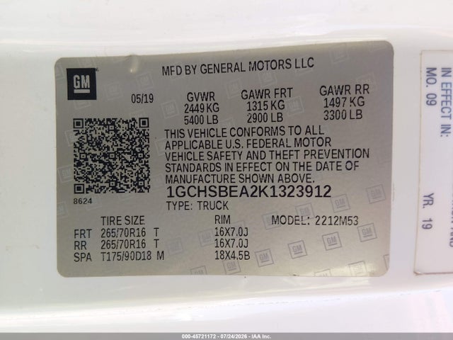 Chevrolet Colorado Wt 2019 1GCHSBEA2K1323912 Image 9
