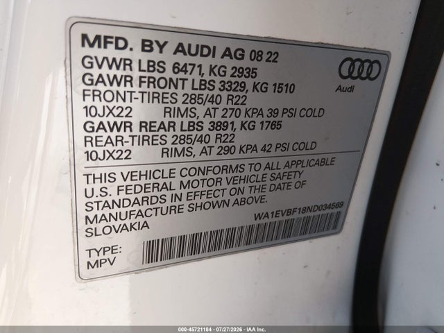 Продажа на аукционе авто 2022 Audi Q8 Premium Plus 55 Tfsi Quattro Tiptronic, vin: WA1EVBF18ND034569, номер лота: 45721184
