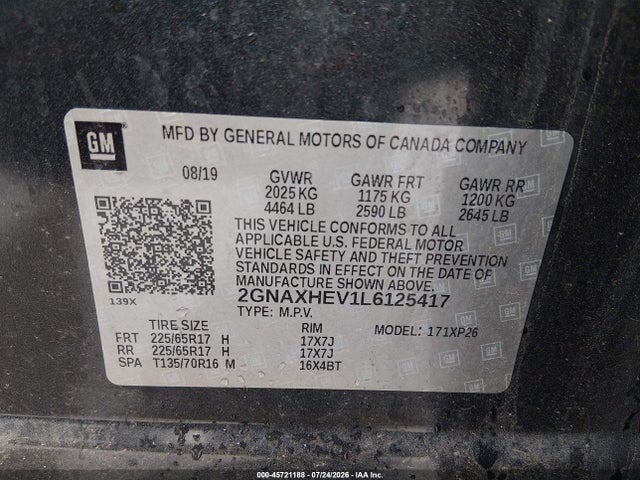 2020 Chevrolet Equinox Fwd Ls მანქანა იყიდება აუქციონზე, vin: 2GNAXHEV1L6125417, აუქციონის ნომერი: 45721188