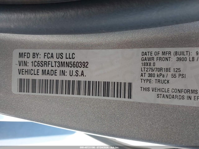 1C6SRFLT3MN560392 RAM 1500 Rebel 4x4 5&#039;7 Box