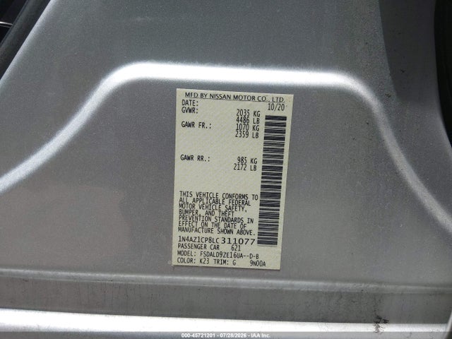 2020 Nissan Leaf Sv 40 Kwh მანქანა იყიდება აუქციონზე, vin: 1N4AZ1CP8LC311077, აუქციონის ნომერი: 45721201