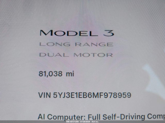 Tesla Model 3 Long Range Dual Motor All-wheel Drive 2021 5YJ3E1EB6MF978959 Image 15