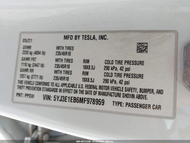 Tesla Model 3 Long Range Dual Motor All-wheel Drive 2021 5YJ3E1EB6MF978959 Image 9