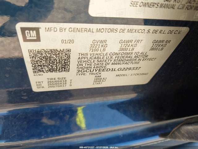Продаж на аукціоні авто 2020 Chevrolet Silverado 1500 4wd  Short Bed Rst, vin: 3GCUYEED1LG229337, номер лоту: 45721227