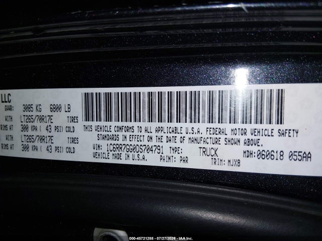 2013 Ram 1500 Slt მანქანა იყიდება აუქციონზე, vin: 1C6RR7GG0DS704791, აუქციონის ნომერი: 45721288