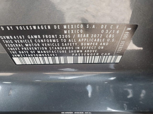 2016 Volkswagen Golf Tsi S 4-door მანქანა იყიდება აუქციონზე, vin: 3VW217AU3GM055451, აუქციონის ნომერი: 45721291