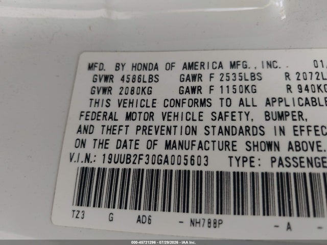 2016 Acura Tlx V6 მანქანა იყიდება აუქციონზე, vin: 19UUB2F30GA005603, აუქციონის ნომერი: 45721296
