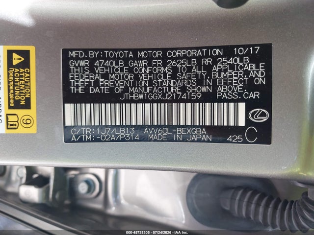 Aukcja sprzedaży 2018 Lexus Es 300h, vin: JTHBW1GGXJ2174159, numer aukcji: 45721305