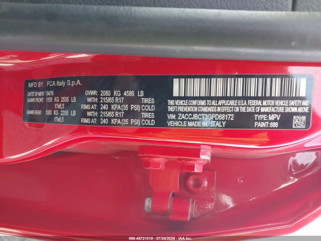 45721310 :رقم المزاد ، ZACCJBCT3GPD68172 vin ، 2016 Jeep Renegade Trailhawk مزاد بيع