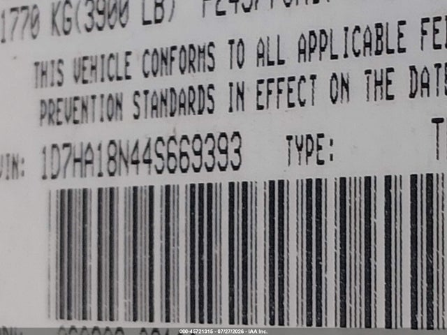 45721315 :رقم المزاد ، 1D7HA18N44S669393 vin ، 2004 Dodge Ram 1500 Slt/laramie مزاد بيع