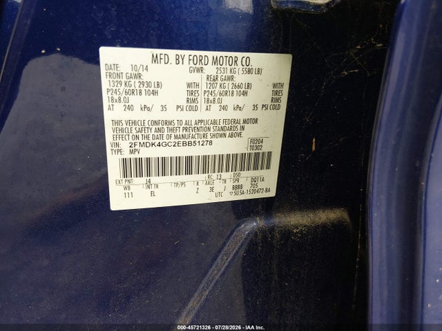 45721326 :رقم المزاد ، 2FMDK4GC2EBB51278 vin ، 2014 Ford Edge Se مزاد بيع