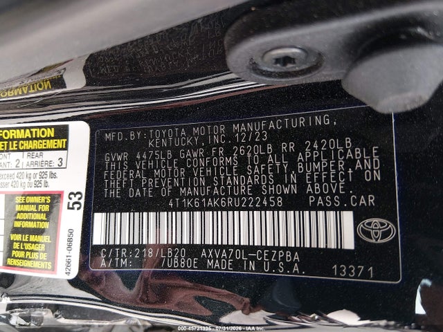 Aukcja sprzedaży 2024 Toyota Camry Xse, vin: 4T1K61AK6RU222458, numer aukcji: 45721335