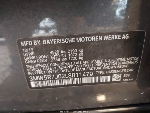 45721354 :رقم المزاد ، 3MW5R7J02L8B11479 vin ، 2020 Bmw 330i Xdrive مزاد بيع