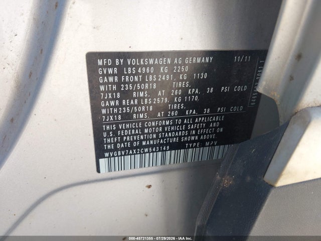 Aukcja sprzedaży 2012 Volkswagen Tiguan Se, vin: WVGBV7AX2CW543149, numer aukcji: 45721355